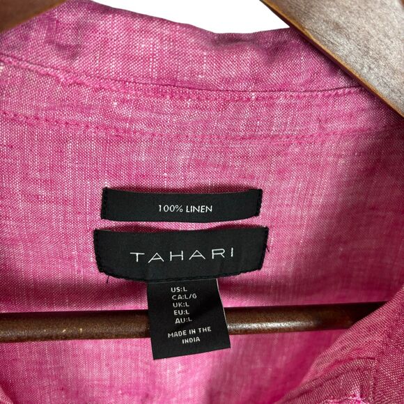 Tahari Pink Linen 3/4 Sleeve V-Neck Tunic Top Women's Large Button Side Detail - Picture 2 of 5